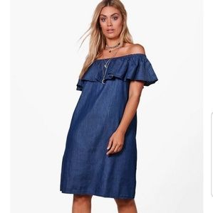 Boohoo Plus size off shoulder jean dress